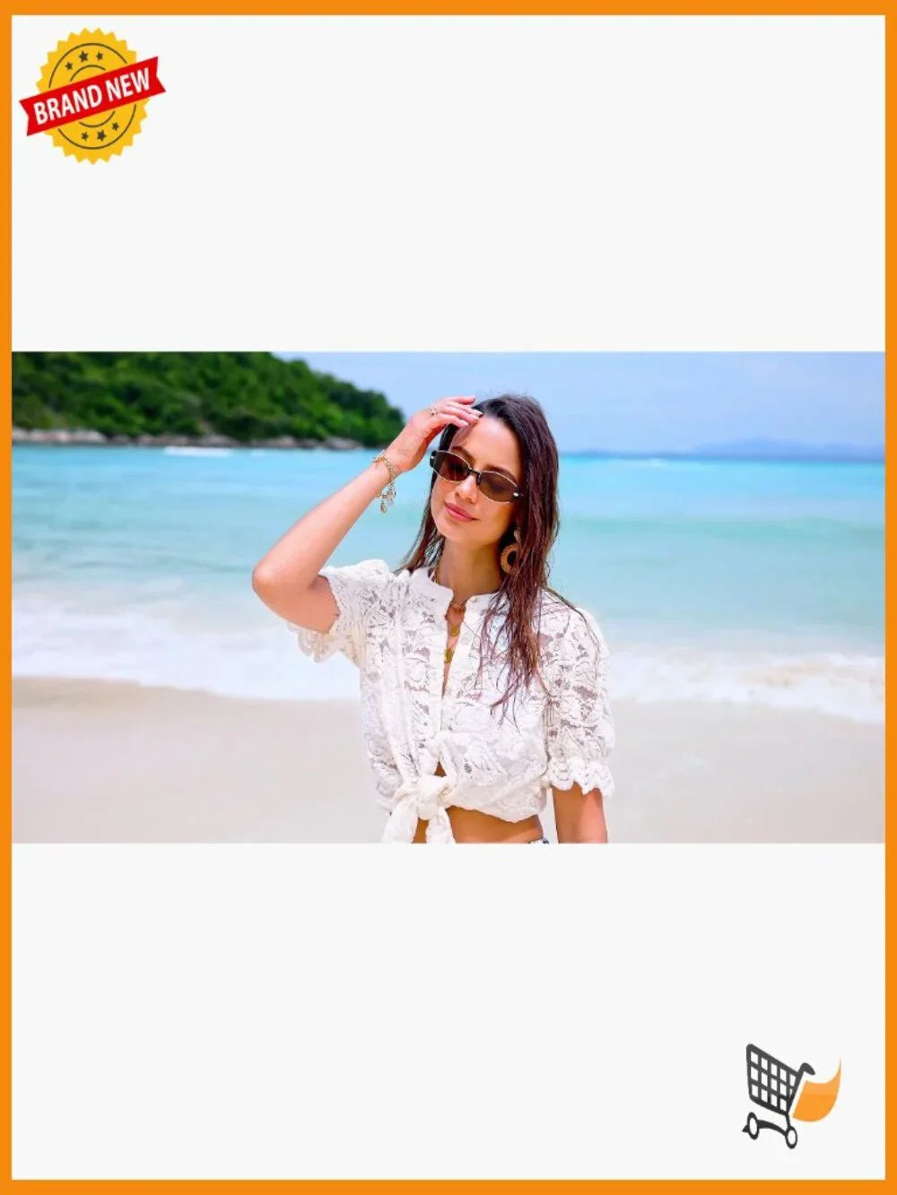 Spring Lace Blouse Short Puff Sleeve Crew Neck Button Down Casual Dressy Top - Picture 6 of 7